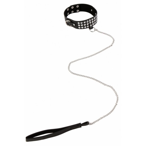 Collier rivets et laisse chaine-simili cuir noir
