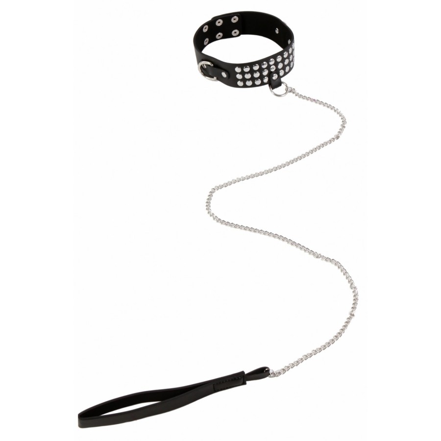 Collier rivets et laisse chaine-simili cuir noir