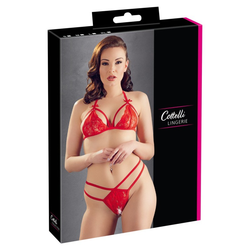 Ensemble dentelle rouge soutien gorge et string ouvert