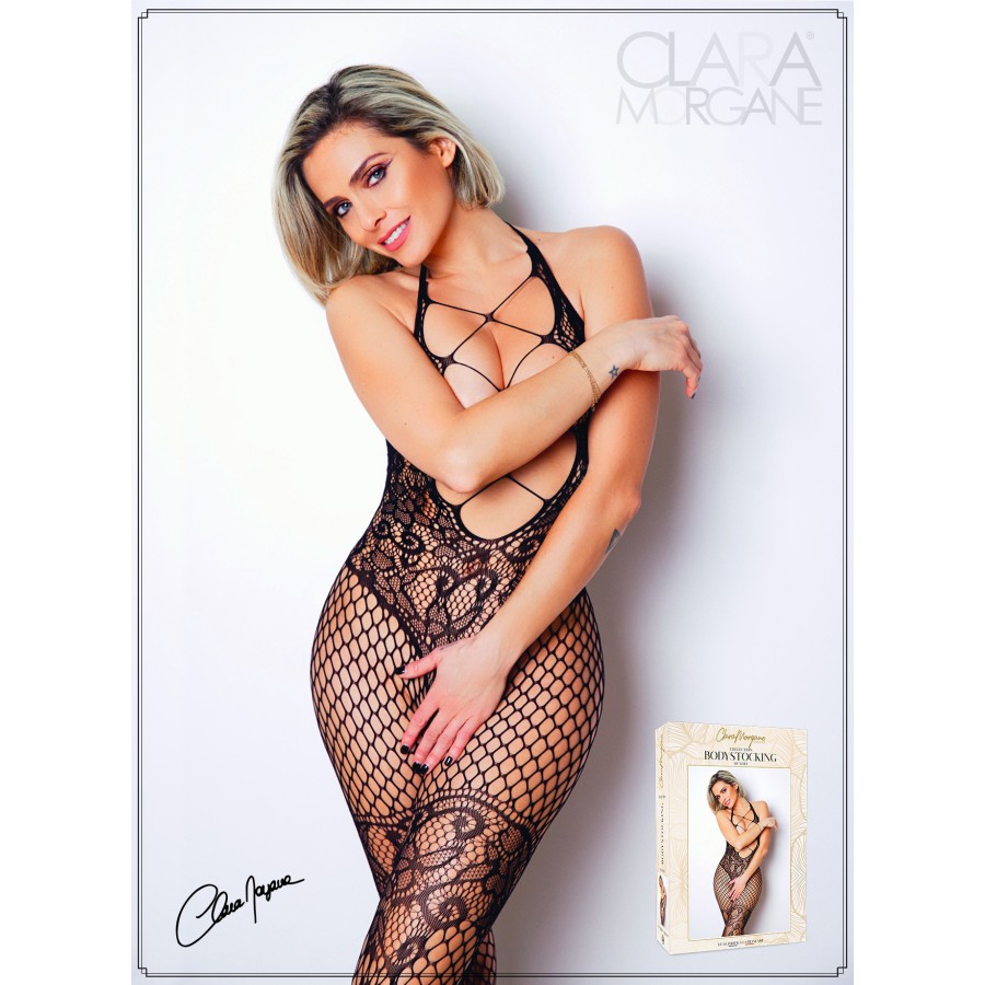 Bodystocking résille motif laçage ouvert entre jambes